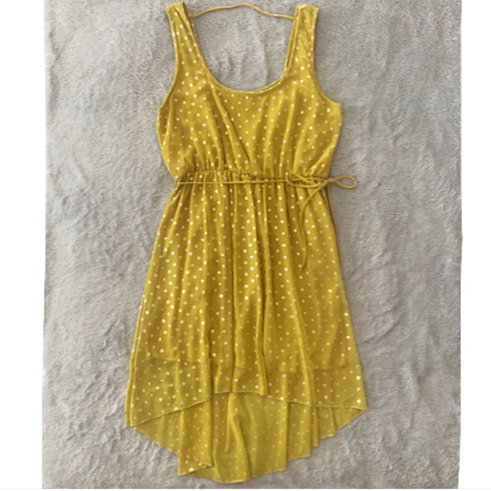 CHIC SUNDRESS Coveted Saffron & Gold Metallic Polka Dot Chiffon High-Low Dress L - Picture 2 of 10